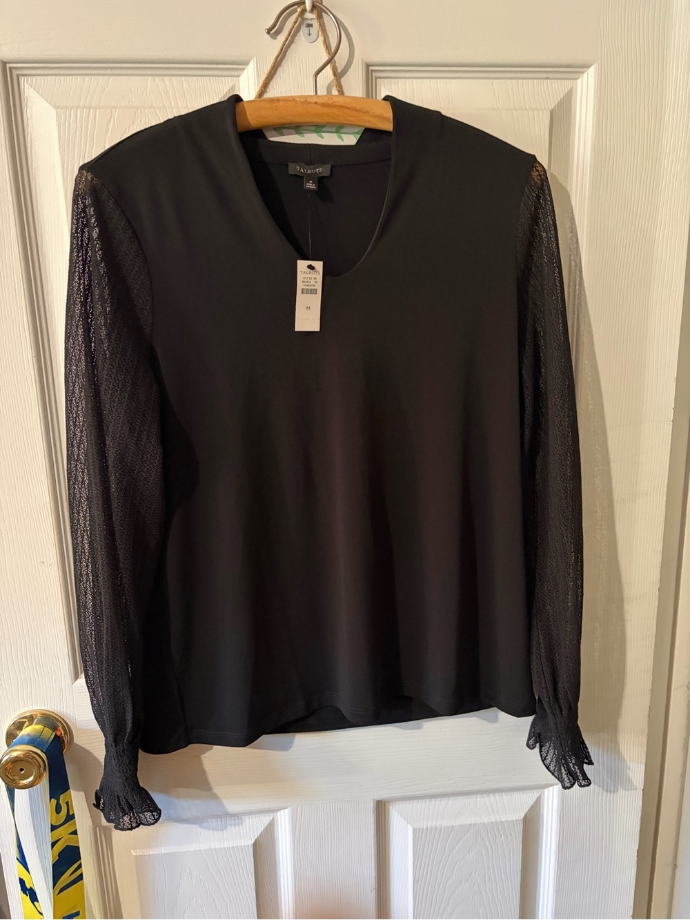 Talbots Black Long-Sleeve Top with Sheer Mesh Sleeves